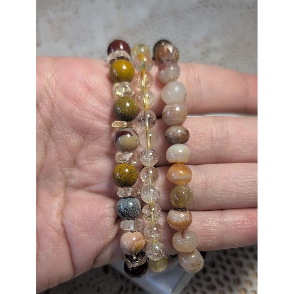 Handmade Stretch Bracelet Set- Agate, Citrine, And Mookaite Jasper